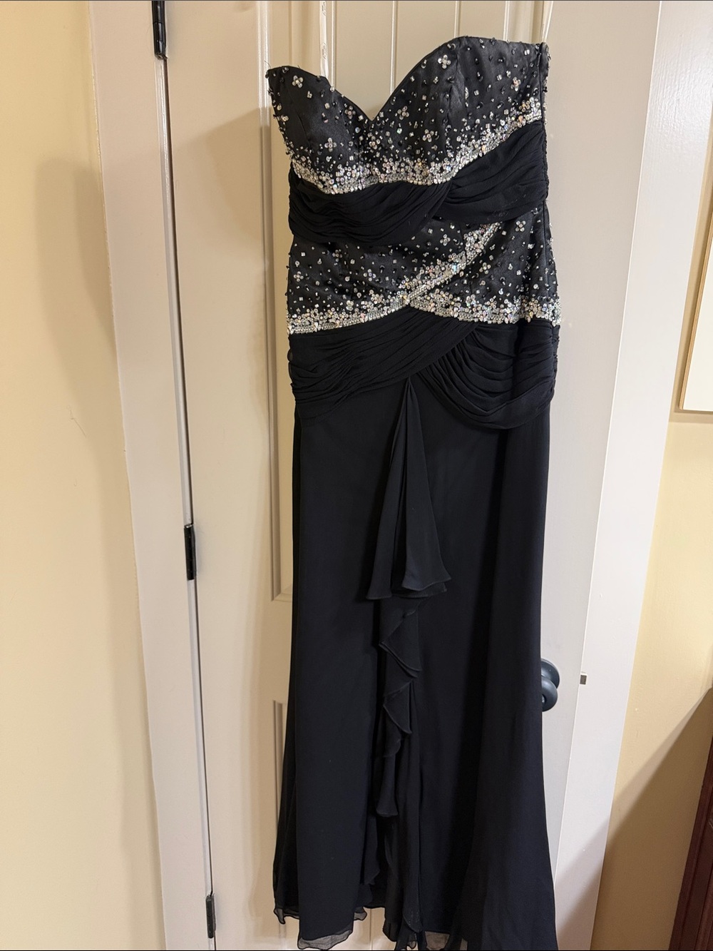 Tiffany Designs Black Strapless Evening Gown with Silver Embellishments
